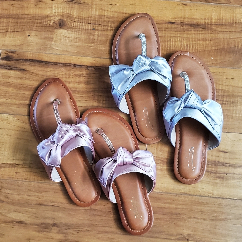 Palms Satin Bow and Rhinestone thong sandals